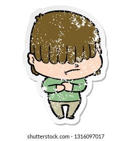 distressed sticker of a cartoon boy with untidy hair