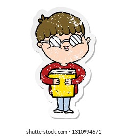 distressed sticker of a cartoon boy wearing spectacles carrying book