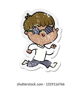 distressed sticker of a cartoon boy wearing sunglasses and running