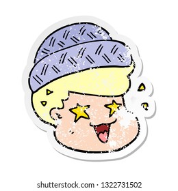 distressed sticker of a cartoon boy wearing hat