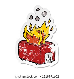 distressed sticker of a cartoon burning toaster