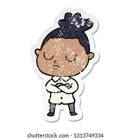 distressed sticker of a cartoon calm woman