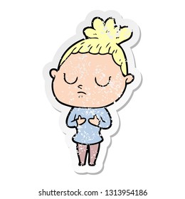 distressed sticker of a cartoon calm woman