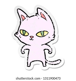 distressed sticker of a cartoon cat with bright eyes