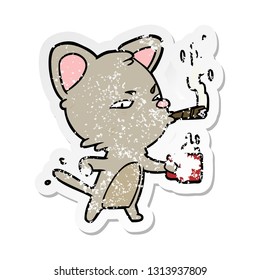distressed sticker of a cartoon cat with coffee and cigar