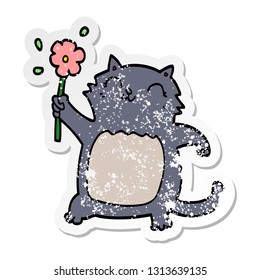 distressed sticker of a cartoon cat with flower