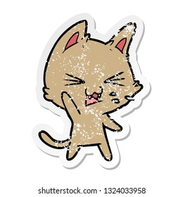 distressed sticker of a cartoon cat hissing