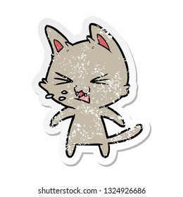 distressed sticker of a cartoon cat hissing