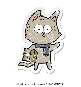 distressed sticker of a cartoon cat holding christmas present