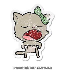 distressed sticker of a cartoon cat meowing