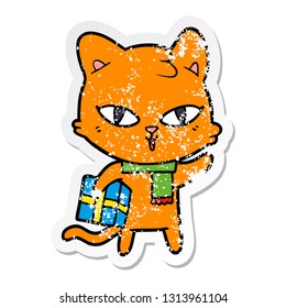 pegatina angustiada de un gato de dibujos animados con un presente