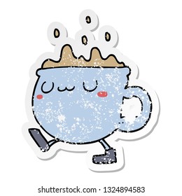 distressed sticker of a cartoon coffee cup walking