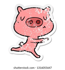 distressed sticker of a cartoon content pig running