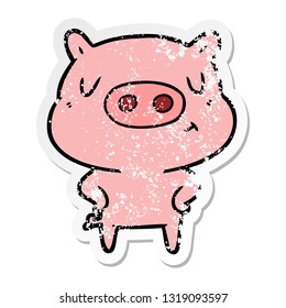 distressed sticker of a cartoon content pig