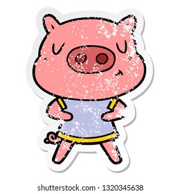 distressed sticker of a cartoon content pig wearing t shirt