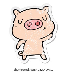 distressed sticker of a cartoon content pig
