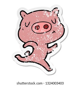 distressed sticker of a cartoon content pig running