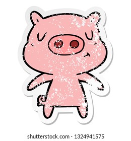 distressed sticker of a cartoon content pig