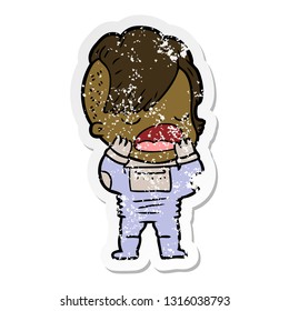 distressed sticker of a cartoon cool hipster girl in space suit