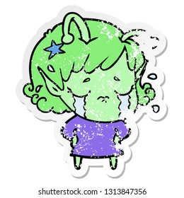 distressed sticker of a cartoon crying alien girl