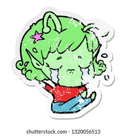 distressed sticker of a cartoon crying alien girl
