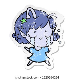 distressed sticker of a cartoon crying alien girl