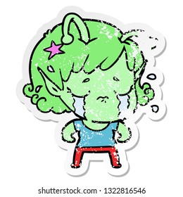distressed sticker of a cartoon crying alien girl