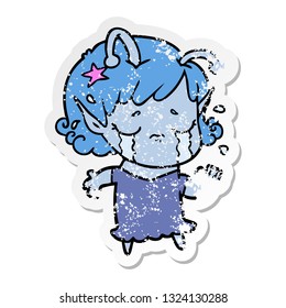 distressed sticker of a cartoon crying alien girl