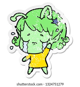 distressed sticker of a cartoon crying alien girl