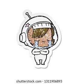 distressed sticker of a cartoon crying astronaut girl