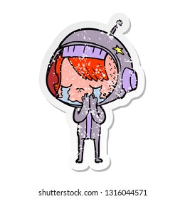 distressed sticker of a cartoon crying astronaut girl