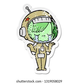 distressed sticker of a cartoon crying astronaut girl