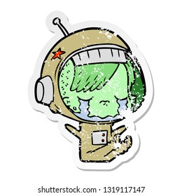 distressed sticker of a cartoon crying astronaut girl