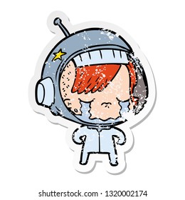 distressed sticker of a cartoon crying astronaut girl