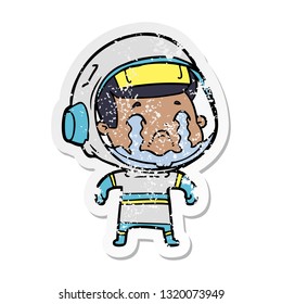 distressed sticker of a cartoon crying astronaut
