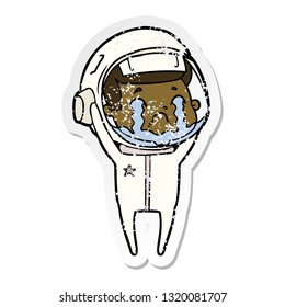 distressed sticker of a cartoon crying astronaut