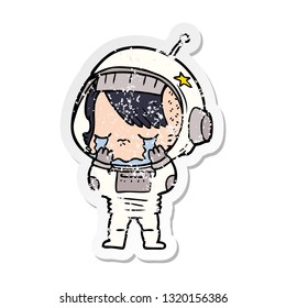 distressed sticker of a cartoon crying astronaut girl