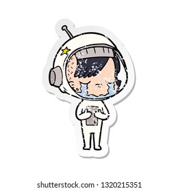 distressed sticker of a cartoon crying astronaut girl