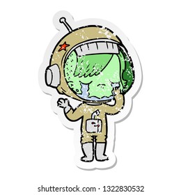 distressed sticker of a cartoon crying astronaut girl