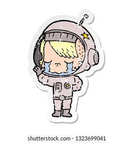 distressed sticker of a cartoon crying astronaut girl
