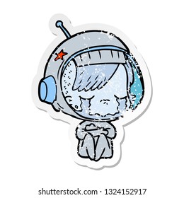 distressed sticker of a cartoon crying astronaut girl