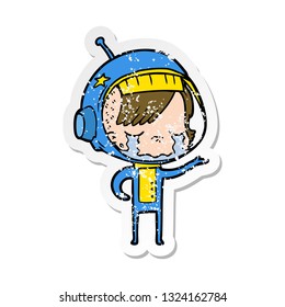 distressed sticker of a cartoon crying astronaut girl