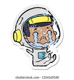 distressed sticker of a cartoon crying astronaut
