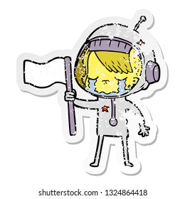 distressed sticker of a cartoon crying astronaut girl