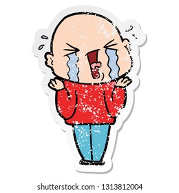 distressed sticker of a cartoon crying bald man