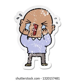 distressed sticker of a cartoon crying bald man