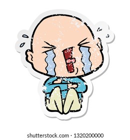 distressed sticker of a cartoon crying bald man