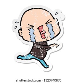 distressed sticker of a cartoon crying bald man