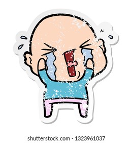 distressed sticker of a cartoon crying bald man