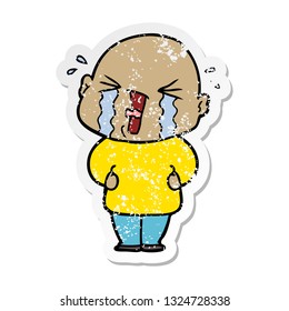 distressed sticker of a cartoon crying bald man